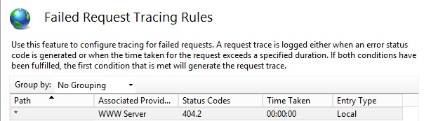 Skärmbild av sidan Spårningsregler för misslyckade begäranden som visar WWW Server som angetts som associerad provider och 404 punkt 2 som statuskod.