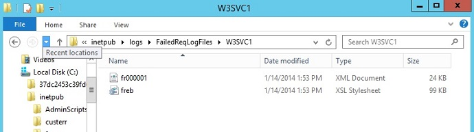 Skärmbild av mappen W 3 S V C 1 i katalogen Req Log Files som misslyckades.