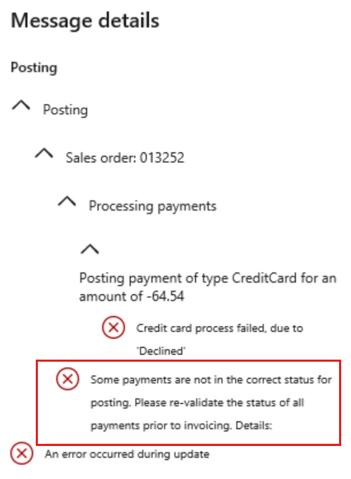 Skärmbild som visar att vissa betalningar inte har rätt status för bokföringsfel som inträffar när en återbetalning avvisas.