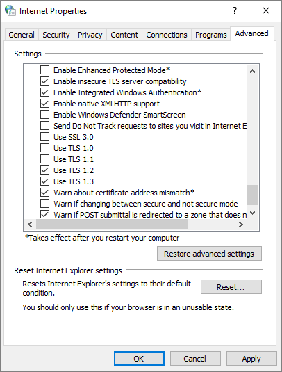 Skärmbild som visar TLS-relaterade inställningar i Internetegenskaper.