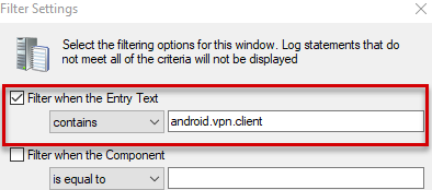 Skärmbild som visar ett exempel som använder CMTrace för att läsa loggar och söker efter android.vpn.client.