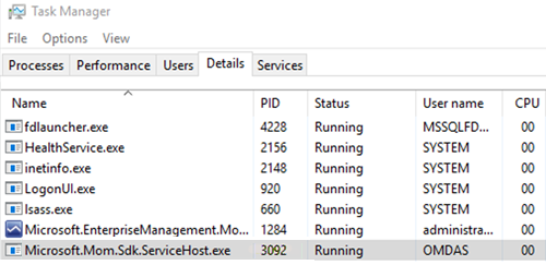 Skärmbild av PID för OMSDK-tjänsten.