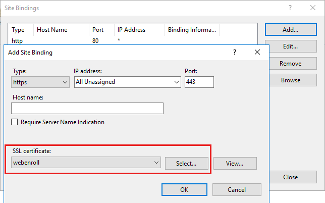 Lägg till certifikat och binda det till port 443 för scenario 1.