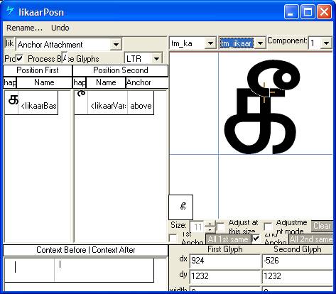 Screenshot of a dialog in Microsoft VOLT for specifying positioning adjustments. Anchor attachment is selected as the lookup type. A mark glyph is shown positioned above a base glyph using an anchor point.