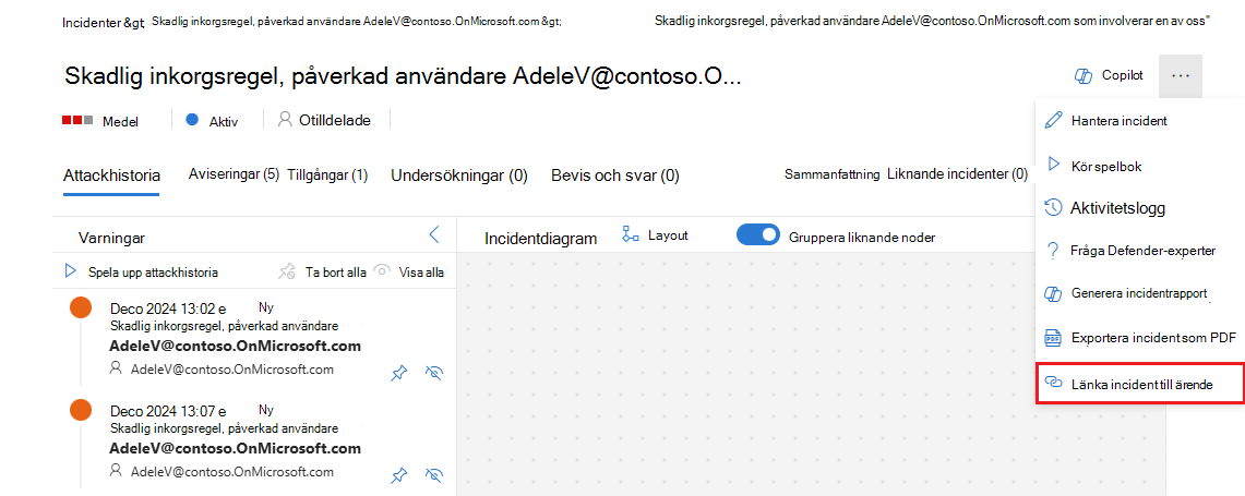 Skärmbild som visar alternativet länkincident från ellipsmenyn i incidentvyn.