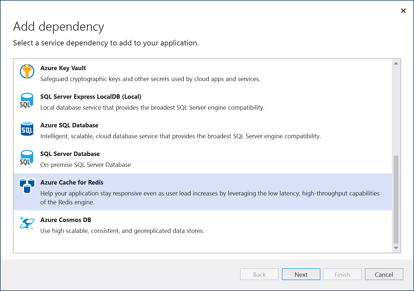 Skärmbild av sidan Lägg till beroendekomponent. Azure Cache for Redis har valts.