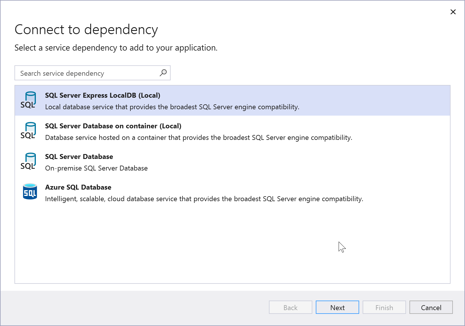 Screenshot showing SQL Database choices.