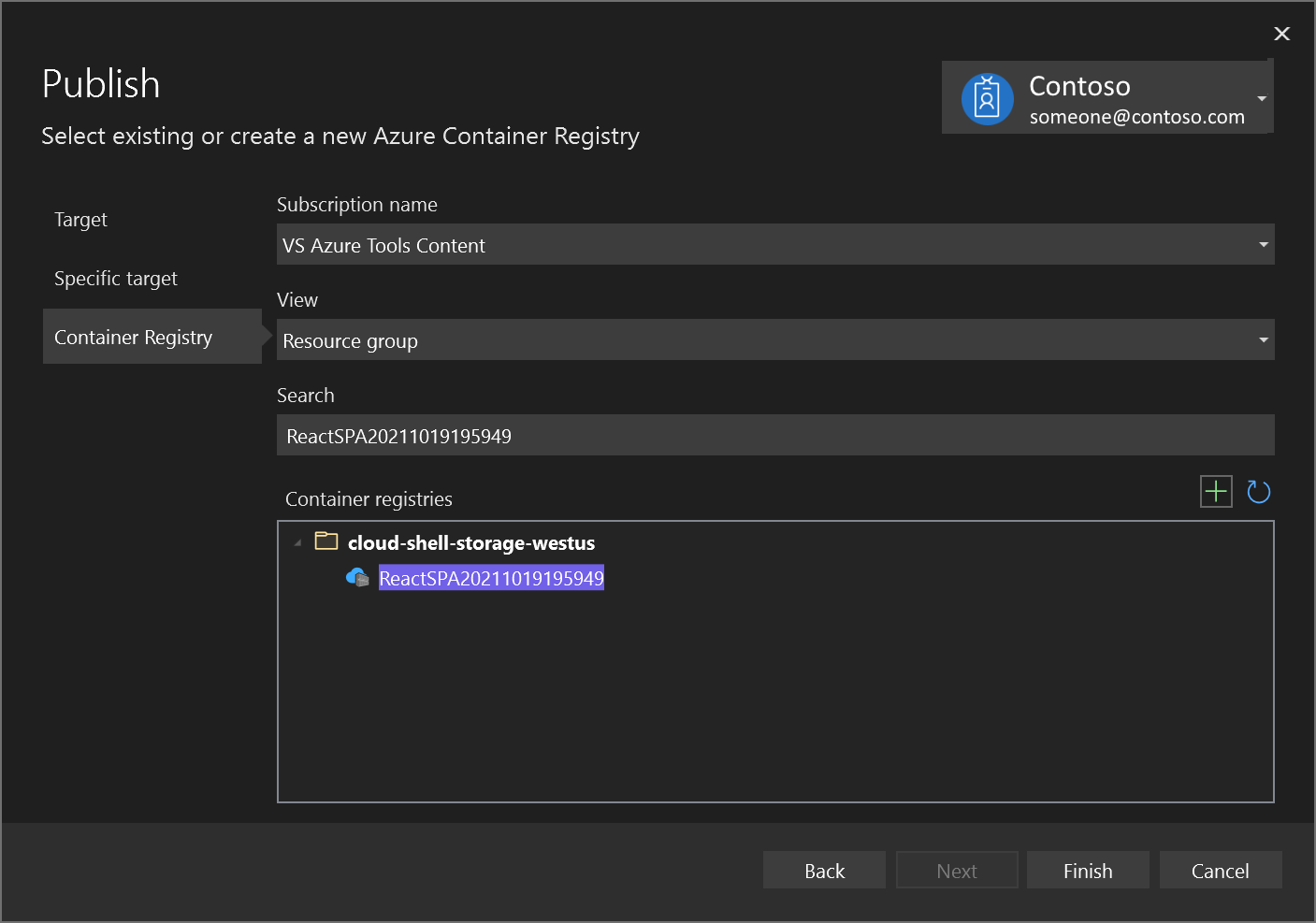 Screenshot showing Select or create a new Azure container registry.