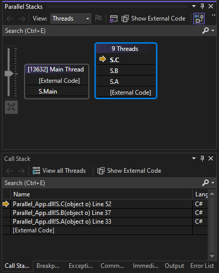 Screenshot of Threads view in Parallel Stacks window.