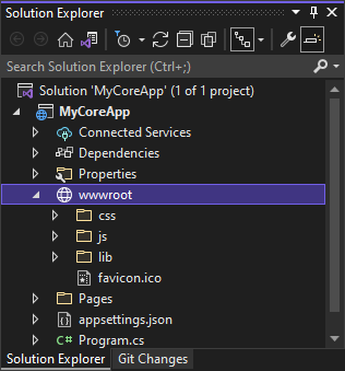 Skärmbild som visar w w w-rotmappen vald i Solution Explorer i Visual Studio.