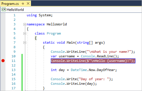 Skärmbild som visar en brytpunkt på en kodrad i Visual Studio.