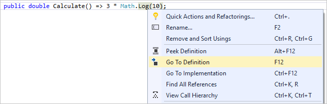Skärmbild som visar menyalternativet Gå till definition.
