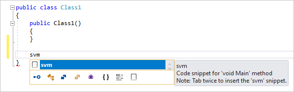 Skärmbild av ett IntelliSense-popup-fönster för ett kodfragment i Visual Studio.