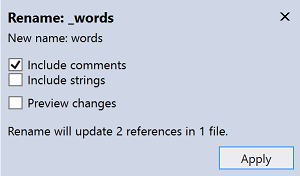 Skärmbild av dialogrutan Byt namn i Visual Studio.