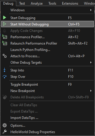 Screenshot that shows the Debug > Start without Debugging menu item.