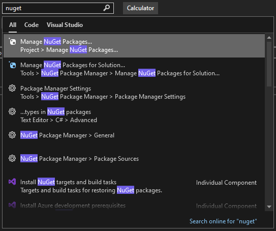 Skärmbild som visar sökrutan Snabbstart i Visual Studio.