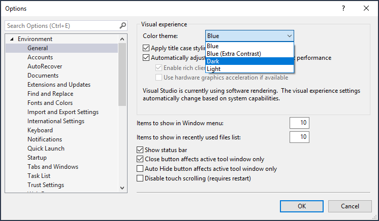 Skärmbild som visar hur du ändrar färgtema till mörkt i Visual Studio.