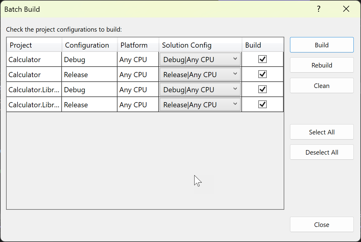 Skärmbild av dialogrutan Batch Build.