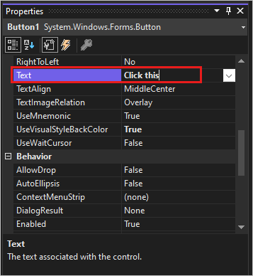 Screenshot shows the Text property with the value Click this.