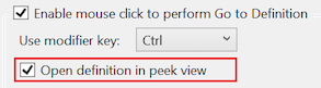 Screenshot of the Text Editor options for the Peek Definition feature.