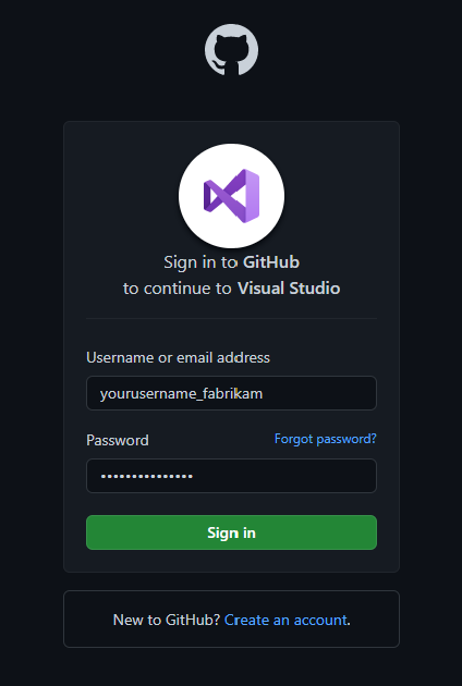 Skärmbild som visar GitHub-inloggningen för GitHub Enterprise Managed User-kontot.