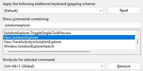 Screenshot of the keyboard shortcut for the View.SolutionExplorer command.