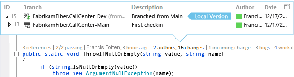 Screenshot that shows how to discover when your code was branched with CodeLens in Visual Studio 2019.