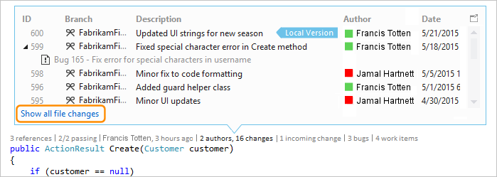 Screenshot that shows how to select the Show all file changes option in CodeLens for Visual Studio 2019.