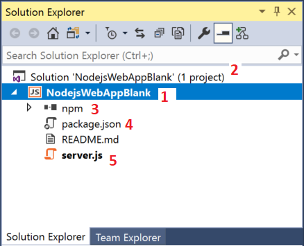 Skärmbild som visar projektet Node.js i Solution Explorer