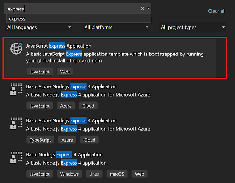 Screenshot that shows how to search for and select the JavaScript Express Application template in the Visual Studio Start window.