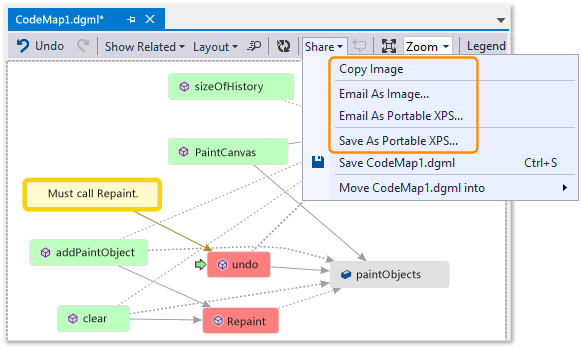 Code map - Share, export, mail