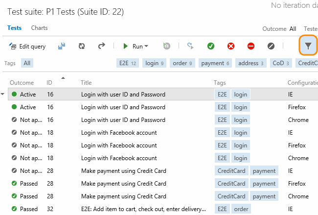 Choose a test suite; add Tags to the column list; click the filter icon to show tags