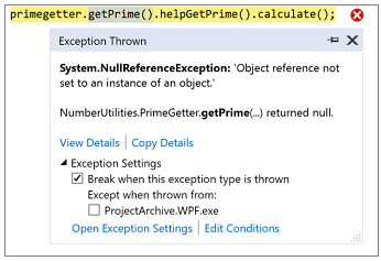 The New Exception Helper dialog