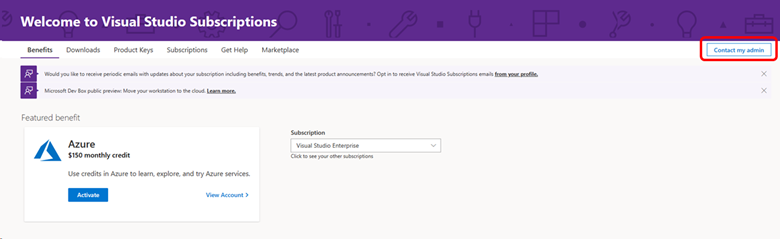 Screenshot of the benefits page in the subscription portal. The Contact my admin button is highlighted.