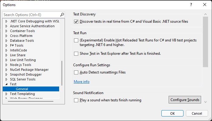 Alternativet för automatisk upptäckt av runsettings-filer i Visual Studio