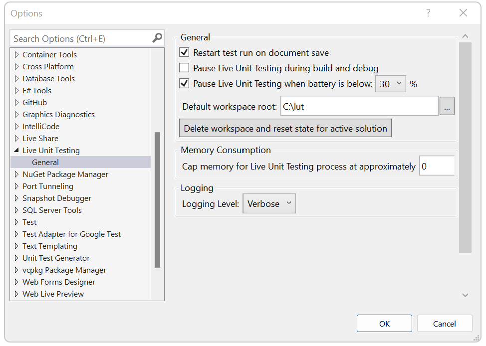 Screenshot that shows Live Unit Testing configuration options.