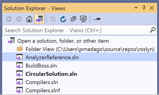 Solution Explorer med knappen Växla vyer markerad i Visual Studio.