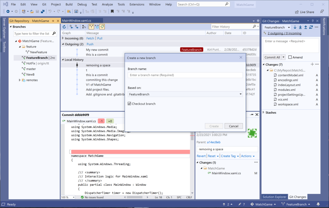 Visual Studio IDE som visar Git-menyn och fliken Git-ändringar i Solution Explorer.