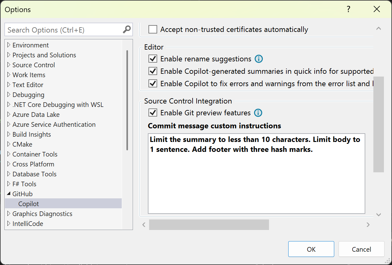 Screenshot showing Tools Options GitHub Copilot settings page with custom prompt for commit messages.