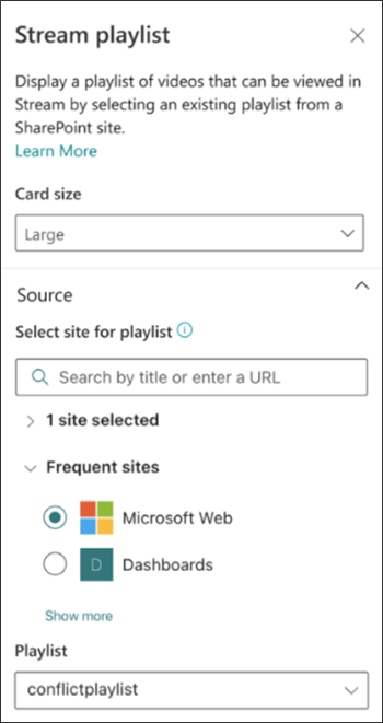 Screenshot of the Stream playlist properties pane showing options for selecting a source from SharePoint