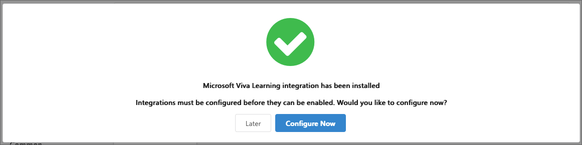 Screenshot of the installation popup with a button that says Configure Now on the right and one that says Later on the left.