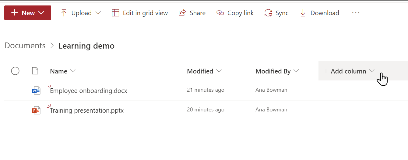 Screenshot of the Documents page with Add column selected.