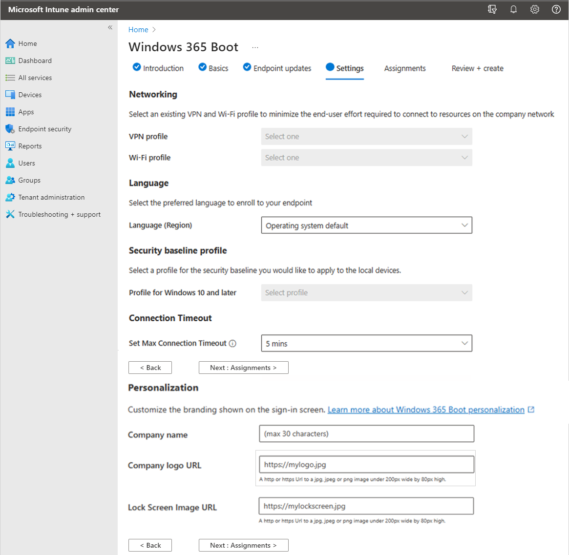 Skärmbild av Windows 365 fliken Inställningar för det guidade startscenariot.