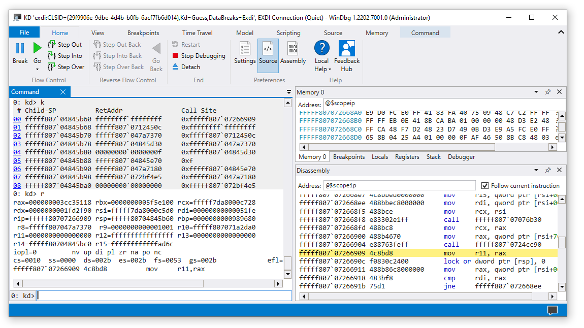 Main WinDbg session displaying EXDI CLSID in the window title.