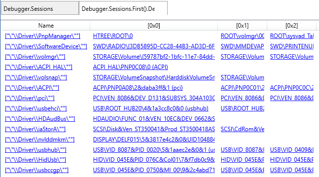 Screenshot of the Data model explore window presenting plug and play device tree in grid view in WinDbg.