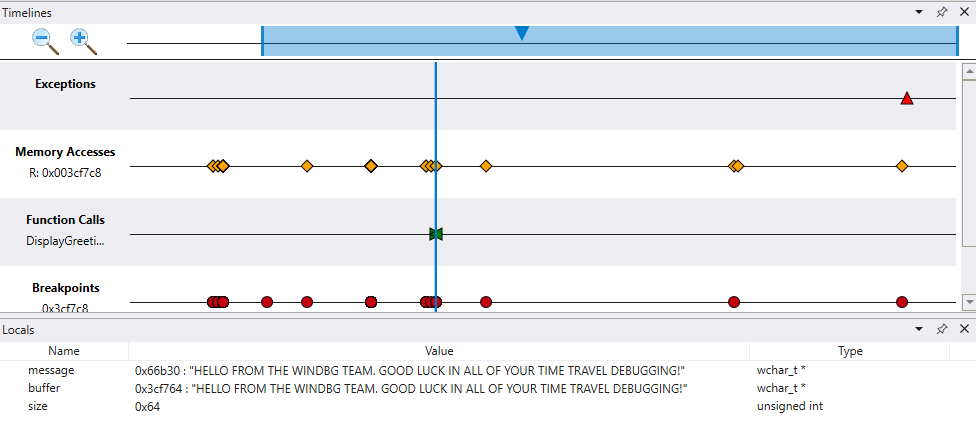 Timeline in debugger displaying memory access timeline and locals windows.