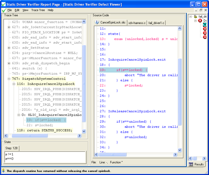 Screenshot of a Static Driver Verifier Report page showing SDV tests for previously acquired spin lock.