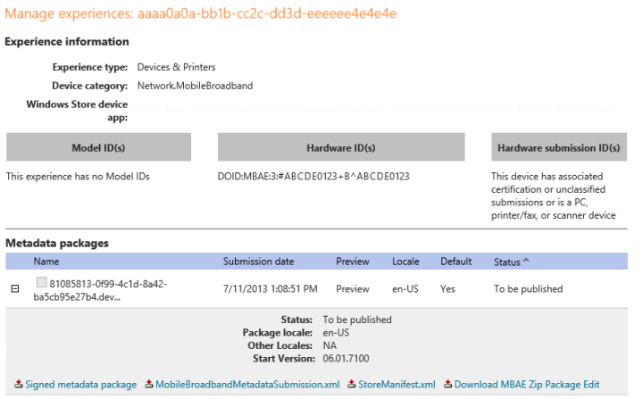 Screenshot of the Manage Experiences page on the Windows Dev Center hardware dashboard.