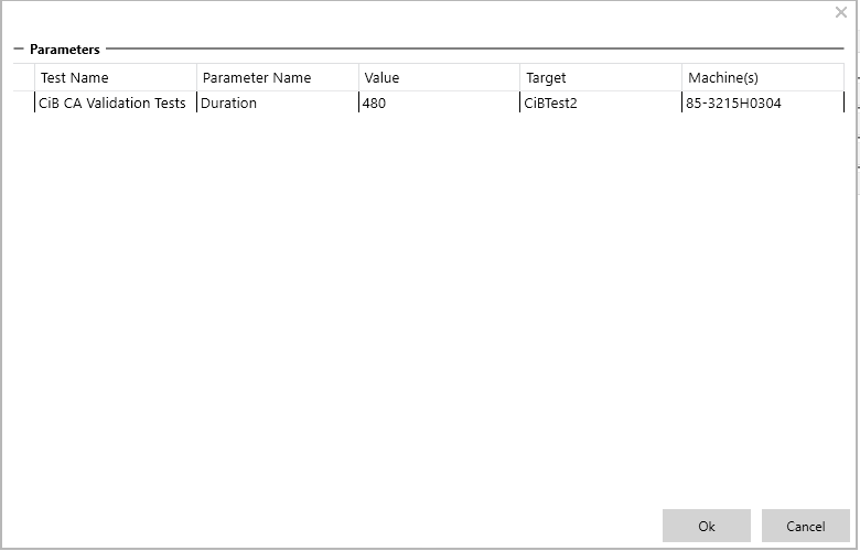 Dialog that shows the test name and the Ok and Cancel buttons.