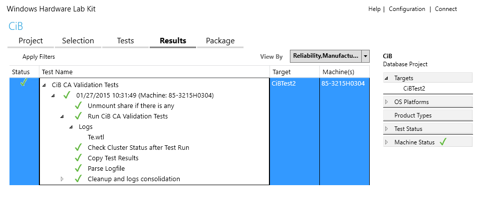 Screen shot of the results page showing tests passed.